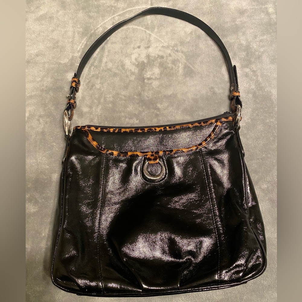 BRIGHTON RENALEE Black Patent Leather Leopard Handbag Purse